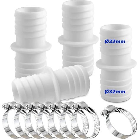 Lot de 4 raccords de tuyau de 32 mm avec 8 colliers de serrage pour piscine - Adaptateur de tuyau double (blanc)