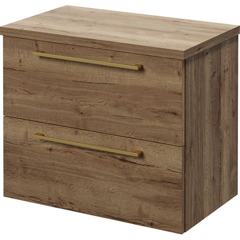 Napoli 390 Tobacco Oak 600mm Wall Mounted 2 Drawer Vanity Unit for Countertop Basins - 600mm - Brushed Brass 320mm Handle