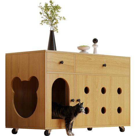 Armoire pour chat avec litière amovible – Meuble toilette chat en bois, isolant les odeurs, sans bac, 100x45x66 cm, teinte érable jaune. (1/5)
