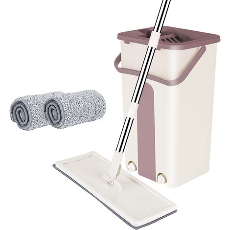Juego de Mopa y Cubo, Mopa Plana Microfibra, Kit Fregona con Cubo Escurridor, 2 fregonas reutilizables y lavables Caqui