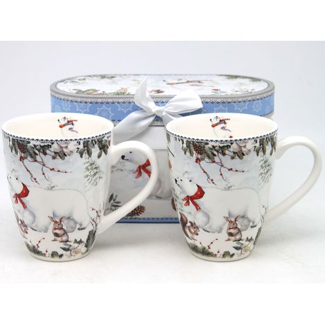 Tazze in porcellana, 2 pezzi - motivo invernale con orsetto + confezione regalo natalizia (1/5)
