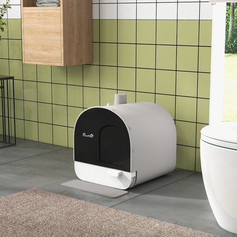 Katzentoilette mit Deckel, Streuschaufel, Schmutzfangmatte, Kunststoff, Grau/Schwarz