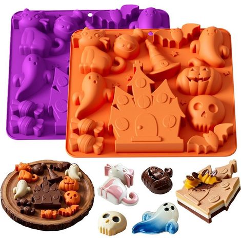 Lot de 2 coffrets de moules silicone Halloween à multiples motifs : fantôme, citrouille, chapeau de sorcière, maison hantée, moules flexibles réutilisables pour chocolat, bonbons gélifiés, glaçons et (1/5)
