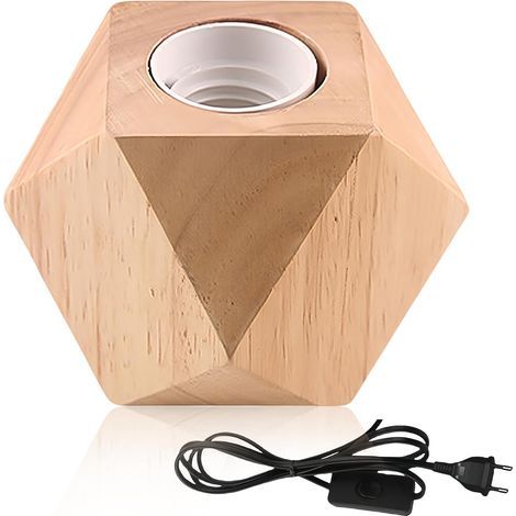 Lampada da comodino in legno, attacco E27, base in legno a forma di diamante, spina europea, perfetta per camera da letto, soggiorno, ufficio (lampadina non inclusa) (1/5)