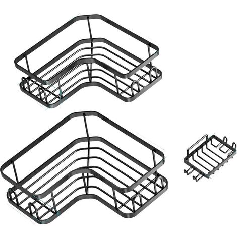 Étagères d'angle adhésives pour salle de bain (lot de 3), grande capacité avec porte-savon, peuvent être installées sur les barres de douche murales sans perçage. (1/5)