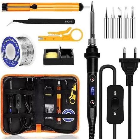 Fer à Souder Set, Electronique De Precision Kit 80W Température Réglable 180-520°C Fer A Souder avec interrupteur ON/OFF, 5 Conseils de soudage, Pompe à Dessouder, Support, Pincettes (1/4)