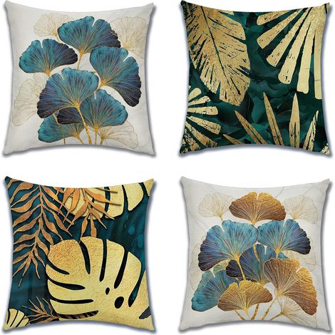 Housse de Coussin, Lot de 4 en Lin Canapé Taie d'oreiller pour Maison Salon Chambre Décoration D'intérieur, 45x45cm (Ginkgo Biloba) (1/5)