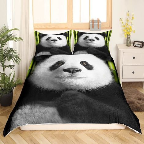 Housse de Couette 240x260 + 2 x Taie d'Oreiller 65x65cm- Microfibre Parure de Lit Adulte - Panda noir et blanc, bambou - 9FD (1/5)