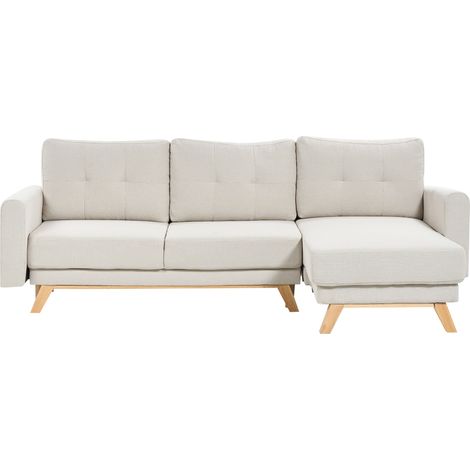 Sofá cama esquinero izquierdo de 3 plazas de tela función extraíble respaldo acolchado patas de madera beige Siro (1/5)