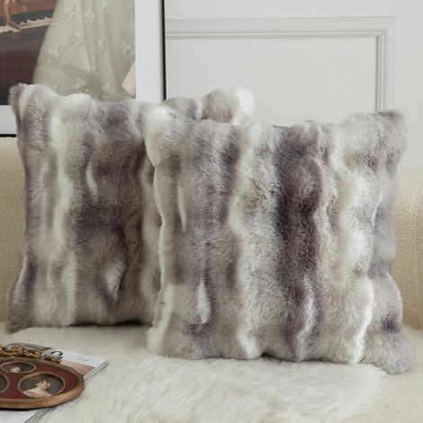 Taie d'oreiller - Dream Textiles - Mélange polyester-laine ultra-doux, recto effet fourrure de chat et verso velouté - Lot de 2 - Gris - Idéale pour canapé-lit ou coin salon (1/5)