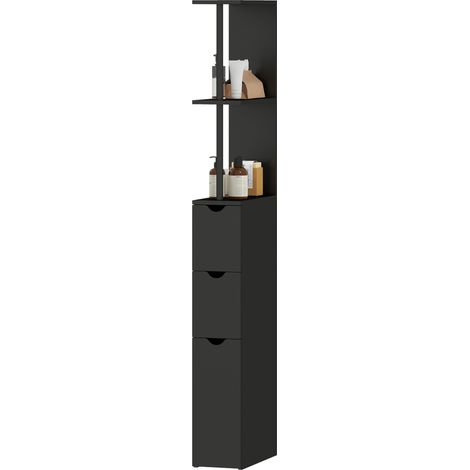Meuble colonne salle de bain armoire de salle de bain avec tiroirs étagères ouvertes placard 15 x 33 x 136 cm noir (1/5)