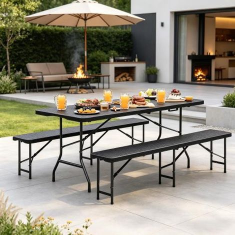 Salon de Biergarten Pliable 3 Pièces, 1 Table de Jardin Pliante 180 cm et 2 Bancs Pliants, HDPE Aspect Rotin avec Cadre Métal, Charge 320 kg par Banc, Noir (1/5)