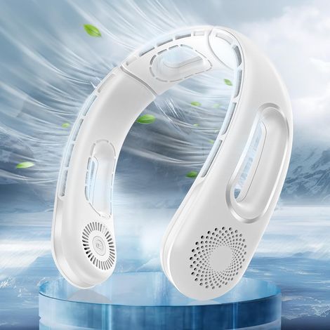 Ventilateur de cou en promotion, mains libres, sans pales, portable et rechargeable, ventilation à 360°, 4 vitesses, silencieux, idéal pour les voyages (1/5)