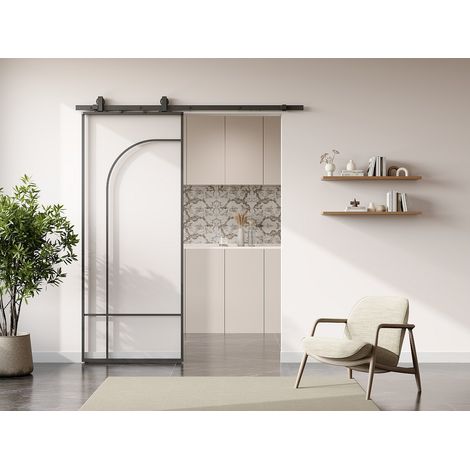 Porte coulissante avec système en applique style verrière - aluminium et verre trempé - H204 x L83 cm - Noir - CLOSIDA (1/4)