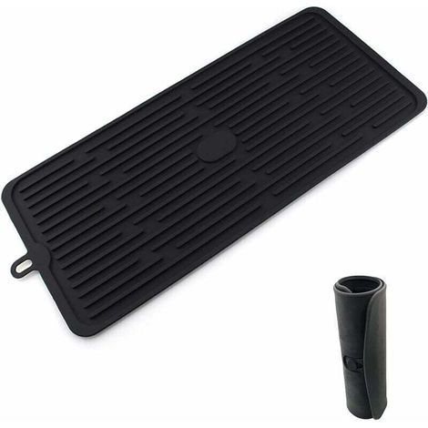 Tapis égouttoir de cuisine, maille en silicone noir (47 x 20 cm), égouttoir antidérapant, résistant à la chaleur et lavable au lave-vaisselle (1/4)