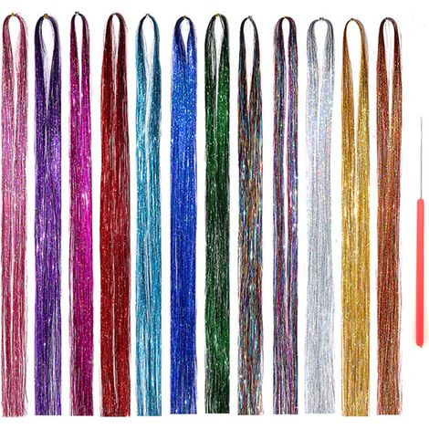 12 Extensions cheveux, guirlandes scintillantes 90cm, outil crochet inclus, kit multicolore pour femmes filles enfants, fêtes cosplay (1/5)