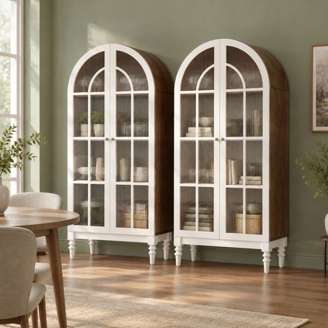 Vitrine haute arquée 165 cm, doubles portes en verre strié, 3 niveaux, noyer et blanc HAVRYA (1/5)