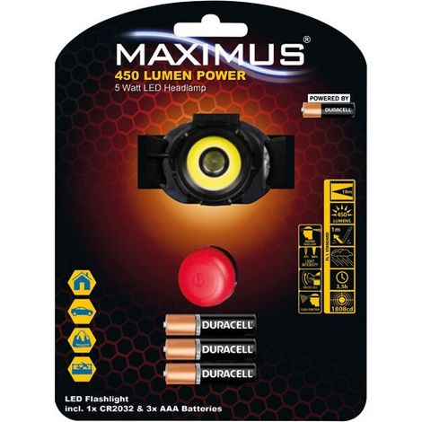 Torcia frontale da 450 lumen 5W IPX3 regolabile Maximus - Maximus