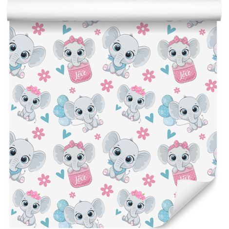 Carta da parati con elefanti, bianca, grigio chiaro e rosa cipria, 50x1000 cm (1/5)