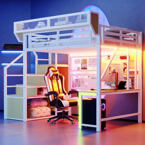 Metall-Hochbett – 140 x 200 cm – mit Schreibtisch, Ablage, Aufbewahrungsnetz, Leiter, LED-Beleuchtung und Steckdose – weiß