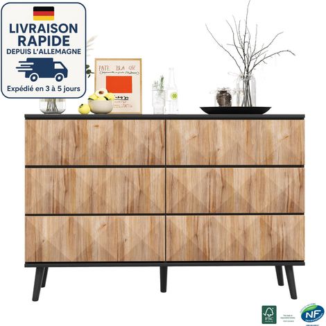 Cassettiera in rattan a 6 cassetti: presenta una combinazione di toni del nero e del legno naturale e ha ante rialzate (1/5)