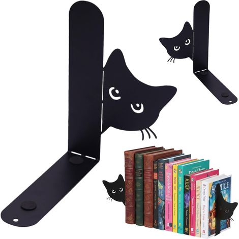 Lot de 2 serre-livres en métal - Pour les amateurs de livres et les amoureux des chats - Pour l'école, le bureau et la maison - Noir (1/5)