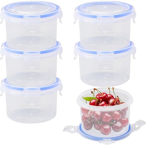 Set mit 6 Vorratsbehältern à 300 ml, rund, mit Deckel, luftdicht und auslaufsicher. Diese kleinen Kunststoffboxen können auch als Gefrierbehälter oder Küchenbehälter verwendet werden.