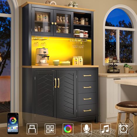 Buffet haut de cuisine Noir 105,5x40x180 cm  Style campagne, 4 portes, bande LED et porte-gobelets, meuble de rangement