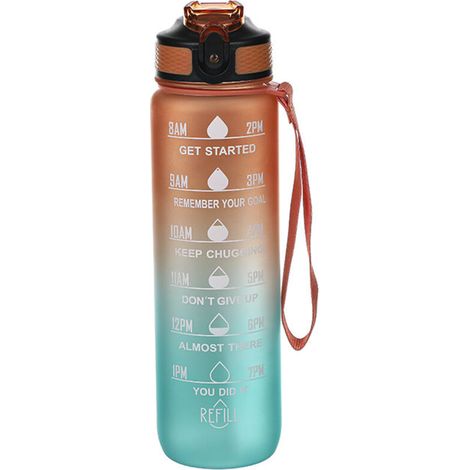 Botella de agua con pajita y marcador de tiempo, portátil y reutilizable (1000 ml, degradado naranja-azul) (1/5)