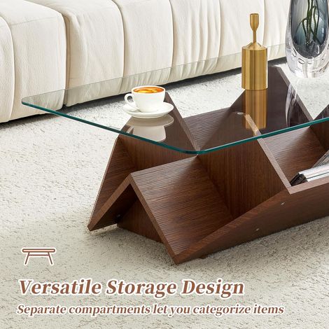 Table Basse 103x63x33,5 cm - Plateau Verre Trempé - Structure MDF Noyer - Rangements Multiples Compartimentés - pour Salon, Bureau - Noyer (1/5)