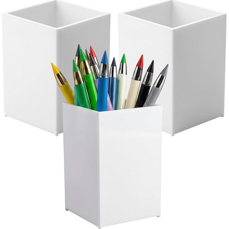Portalápices y portalápices de maquillaje de acrílico blanco para escritorio, tres piezas Portalápices para la escuela y el hogar (6,5 x 6,5 x 10 cm) (1/5)