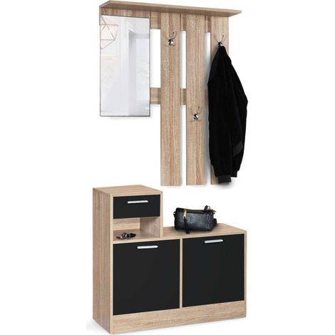 Idmarket – Vestiaire d'entrée avec miroir – Longueur 80 cm x largeur 30 cm x hauteur 180 cm – 3 patères inox – Meuble à chaussures 2 abattants
