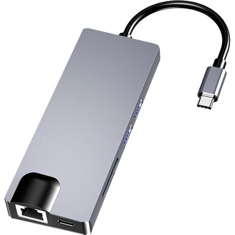 Hub USB-C 8 en 1 con HDMI + VGA + 2x USB 3.0 + USB-C PD + SD/TF + RJ45 1000 Mbps (1/3)