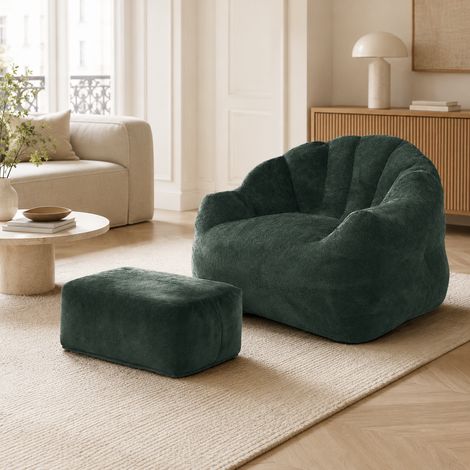 Fauteuil lounge 1 place 99x86x65 cm, avec ottoman assorti, forme patte d’ours pour salon ou chambre, flanelle, Vert (1/5)