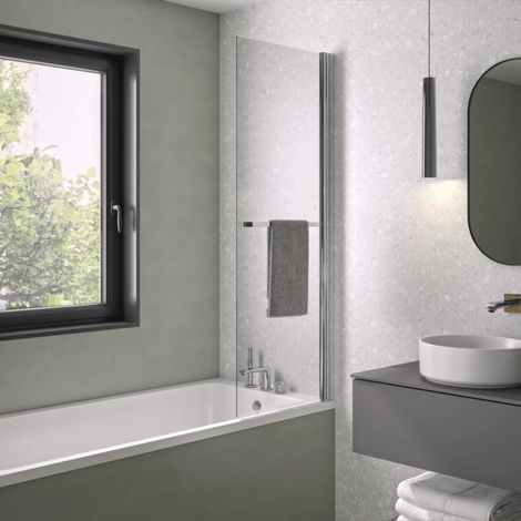 Mampara de bañera elevable y abatible 75x150 cm KINEDO Columba 1 hoja reversible con toallero cromado (1/4)