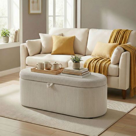 Pouf contenitore, rivestimento in velluto a coste con seduta imbottita, panca ai piedi del letto, 105 x 51 x 49 cm, beige