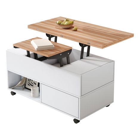 Table basse relevable blanche et bois, roulettes, 4 tiroirs, 100x50x52 cm (1/5)