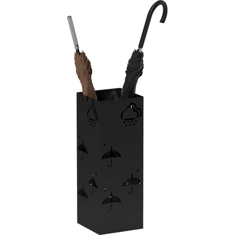 Metal Umbrella Stand, Square Umbrella Holder with Removable Drip Tray and 4 Hooks, Decorative Umbrella Storage Rack for Hallway, Entryway, 15.5 x 15.5 x 41 cm, Black (1/5)