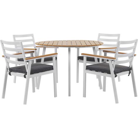 Conjunto de jardín 4 plazas mesa de metal aluminio blanco madera clara sillas cojines de asiento gris exterior Cavoli