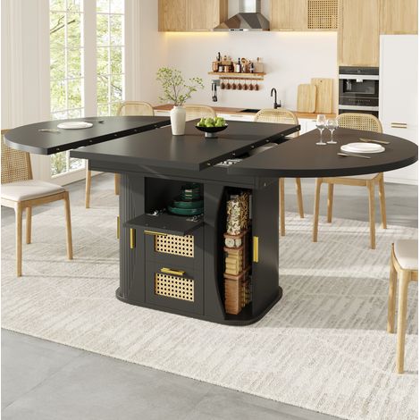 Table à manger extensible noire 118-158 cm avec rangement, tiroirs effet rotin et structure MDF/métal (1/5)
