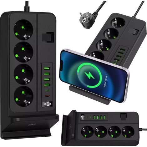 Adattatore/prolunga Alogy da 3 m con caricatore induttivo Qi, 4 prese UE + 4 porte USB + 2 porte USB-C, colore nero. (1/5)