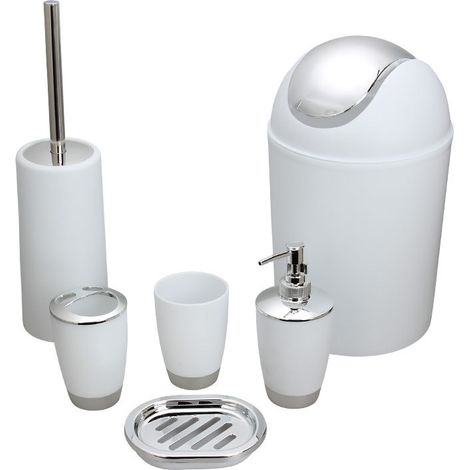 Set da 6 pezzi: portaspazzolino, portasapone, scopino per WC, contenitore per il bagno, set di lavaggio lavabile, bianco (1/5)