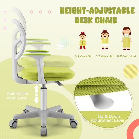 Chaise de bureau enfant verte avec hauteur réglable, dossier ergonomique et assise pivotante 360 pour chambre, bureau et étude (1/5)