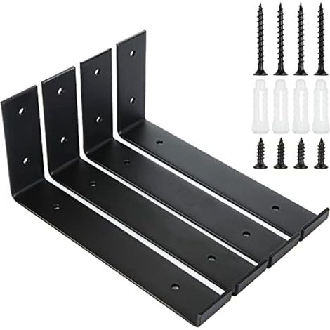 Lot de 4 supports d'étagère pour planche d'échafaudage – Supports d'étagère robustes de 225 mm avec rebord – Supports d'étagère muraux en métal industriel avec vis, noir