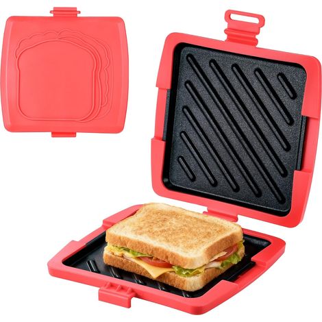 Caja tostadora de sándwiches para microondas roja de 16x16 cm con bandeja de aluminio extraíble y carcasa de silicona para paninis y tocino. (1/5)