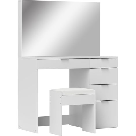 Ensemble coiffeuse avec miroir et 5 tiroirs 97,2 x 44,5 x 136,5 cm et tabouret rembourré 40 x 24 x 46 cm, blanc