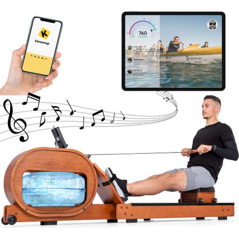 Wasserruderer LCD-Bildschirm, mit und ohne Anwendungskompatibilität (Kinomap) Ergonomischer Sitz, Kissen oder Handyhalter Echtholz-Heimrudergerät Bis zu 150 kg MINKUROW (1/5)