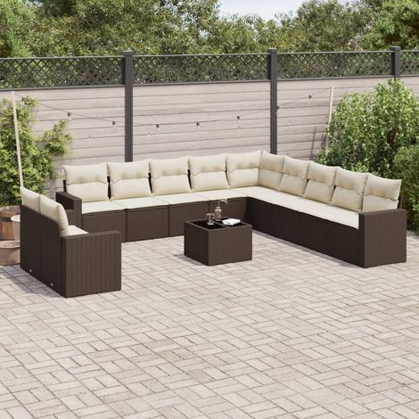 Salon de jardin 12 pcs résine tressée marron avec coffres de rangement et coussins - PANGIVO (1/3)