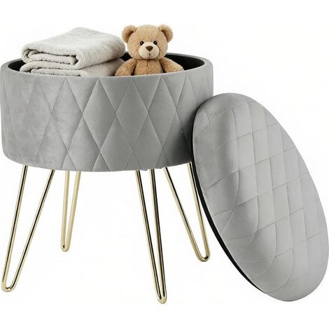 Pouf coffre de rangement rond en velours gris clair avec assise rembourrée et base métal doré, 31,5 x 31,5 x 36 cm - CHICFURN (1/5)