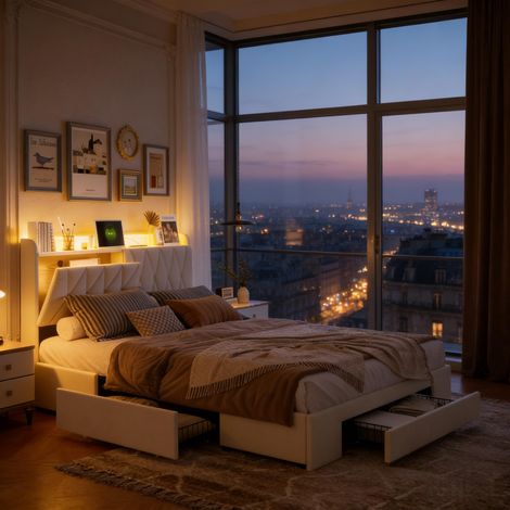 Lit 140x190 avec Sommier et LED, Lit Double Rembourré en Velours avec 3 Tiroirs, Tête de Lit avec Rangement et Prises (2 Secteurs + USB + Type-C), Structure de Lit Adulte Moderne, Beige (1/5)